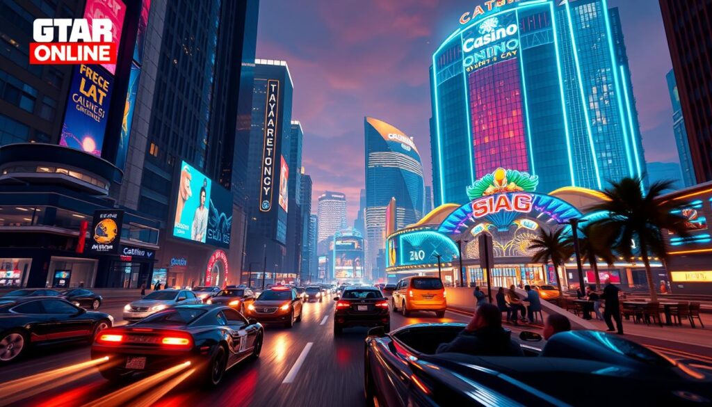 A bustling cityscape in the year 2025, with towering skyscrapers and neon-lit thoroughfares. In the foreground, players engage in a high-speed car chase, weaving through traffic and performing daring stunts. In the middle ground, a group of friends gather around a table in an upscale nightclub, sipping drinks and enjoying the pulsing music. In the background, a massive, futuristic casino dominates the skyline, its dazzling lights and digital marquees drawing in a constant stream of players. The scene is bathed in a warm, vibrant glow, with a cinematic depth-of-field and a sense of excitement and dynamism that captures the essence of GTA Online's thriving virtual world.