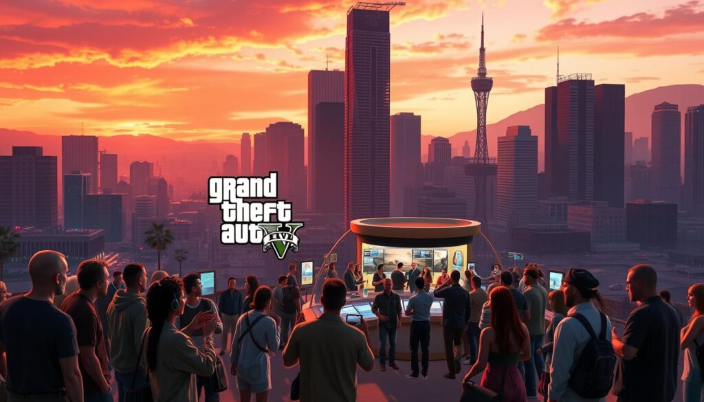 A bustling cityscape of Los Santos, the fictional metropolis from Grand Theft Auto V, set against a vibrant sunset sky. In the foreground, a group of diverse players engaged in lively discussion, their avatars gesturing animatedly as they share their experiences and ideas. The middle ground features a thriving online community hub, with players congregating around interactive displays and kiosks, exchanging information and collaborating on in-game projects. In the background, towering skyscrapers and iconic landmarks of the GTA universe create a sense of scale and immersion, hinting at the vast and dynamic world that players can explore. The scene is bathed in a warm, golden light, conveying a sense of energy, camaraderie, and the enduring appeal of this beloved gaming franchise.