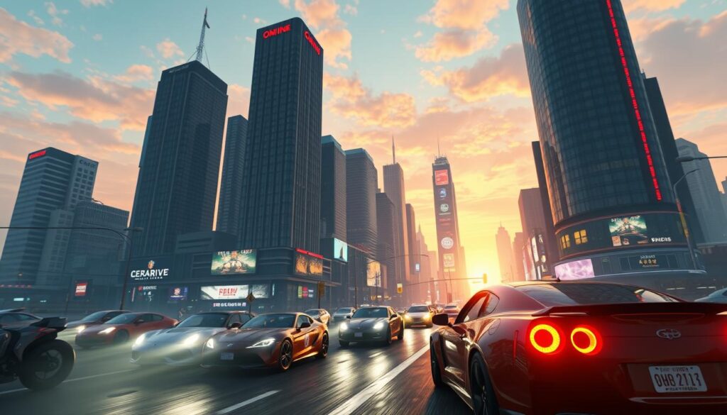 A cinematic, wide-angle shot of a bustling GTA Online cityscape in 2025. In the foreground, a group of players engaged in high-octane car races and heists, their vehicles cutting through traffic with precision. The midground features towering skyscrapers and neon-lit billboards, capturing the vibrant, ever-evolving nature of the digital metropolis. The background showcases a stunning sunset skyline, bathing the scene in a warm, golden glow. The overall atmosphere is one of dynamic action, technological advancement, and a thriving, dedicated player community that has stood the test of time.