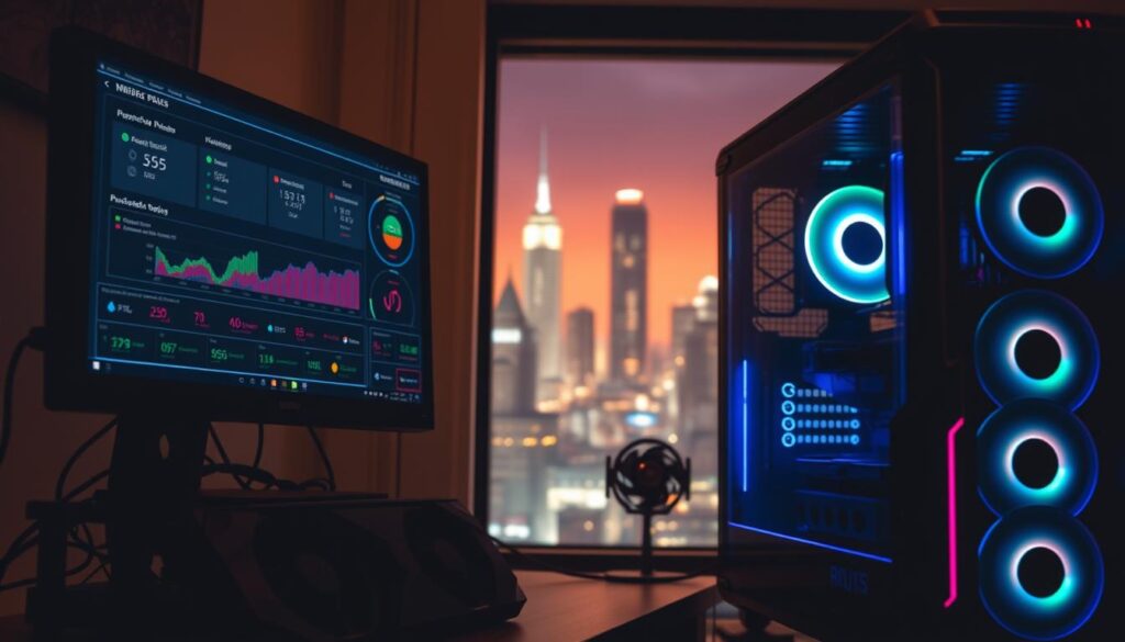 A dimly lit desktop computer workstation, the screen displaying detailed hardware specifications and performance charts. In the foreground, a powerful gaming PC with state-of-the-art components - a high-end graphics card, a liquid-cooled CPU, and sleek RGB-lit case. In the background, a window overlooking a futuristic cityscape, hinting at the immersive open-world games these components are optimized to run. Warm lighting casts a thoughtful glow, creating an atmosphere of technological sophistication and gaming prowess. The scene conveys the idea of pushing the boundaries of hardware performance to unlock the full potential of next-generation open-world gaming experiences.