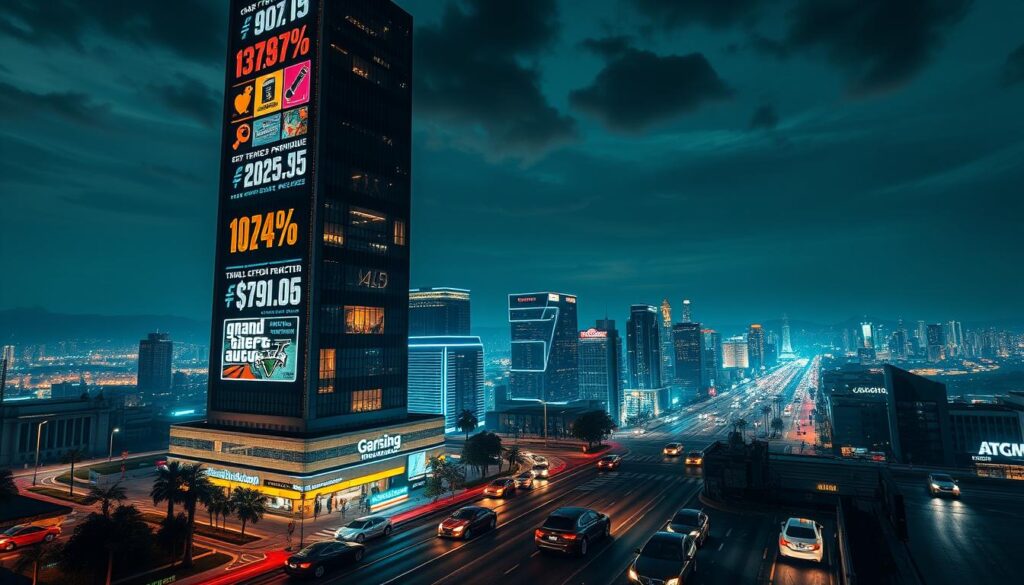 A grand cityscape at night, the bright lights of Los Santos illuminating the skyline. In the foreground, a massive skyscraper dominates the scene, its sleek, angular architecture casting long shadows across the bustling streets below. On the facade, a dazzling display of neon graphics and data visualizations depicts the staggering revenue figures of Grand Theft Auto V, projected to reach new heights in 2025. The middle ground is a hive of activity, with luxury sports cars and limousines navigating the congested roads, reflecting the game's enduring popularity and financial success. In the background, a moody, cinematic sky lends an air of grandeur and prestige to the scene, conveying the scale and significance of GTA5's economic impact on the gaming industry.