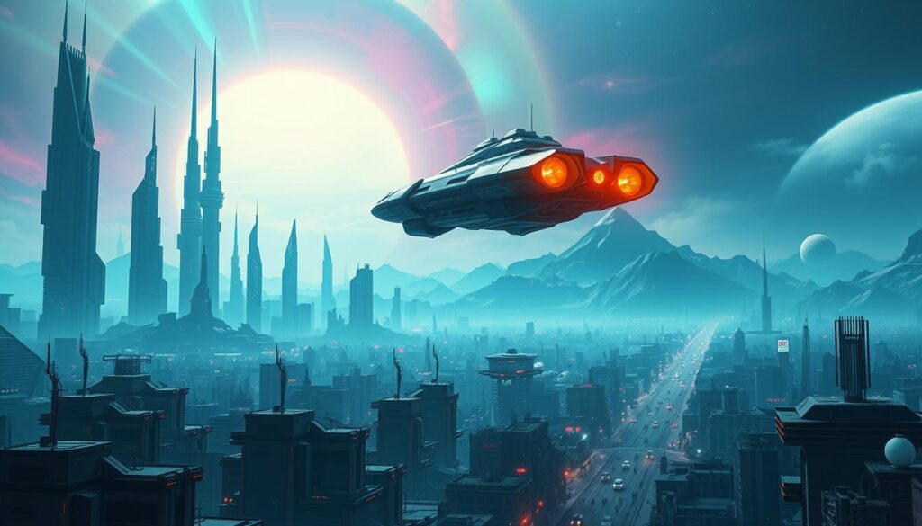 A vast, sprawling sci-fi landscape stretches out before the viewer, with towering skyscrapers and gleaming spires reaching towards a vibrant, neon-tinged sky. In the foreground, a sleek, futuristic hovercraft hovers silently, its advanced thrusters casting a warm glow over the scene. The middle ground is filled with bustling city streets, where hover-cars and pedestrians move with a sense of purpose, creating a dynamic and immersive atmosphere. In the distance, vast, otherworldly mountains rise up, their peaks shrouded in a mysterious mist, hinting at the boundless exploration and discovery that awaits the player. The entire scene is bathed in a cool, blue-green lighting, evoking a sense of technological wonder and the promise of a tomorrow that is both familiar and alien.