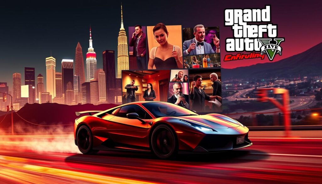 Dramatic evolution of the iconic Grand Theft Auto V, from its gritty 2013 debut to a visually stunning 2025 depiction. In the foreground, a meticulously rendered sports car zips through a neon-lit, futuristic city skyline, its sleek lines and vivid colors a testament to technological advancements. The middle ground features a mosaic of memorable characters and scenes, from a high-stakes heist to a glitzy night club, all rendered with cinematic detail. The background showcases the game's expansive open world, now with lush, hyper-realistic landscapes, dynamic weather, and a pulsing infrastructure of driverless vehicles. Warm, saturated lighting and a sense of energy and movement capture the essence of this iconic franchise's evolution over the past decade.